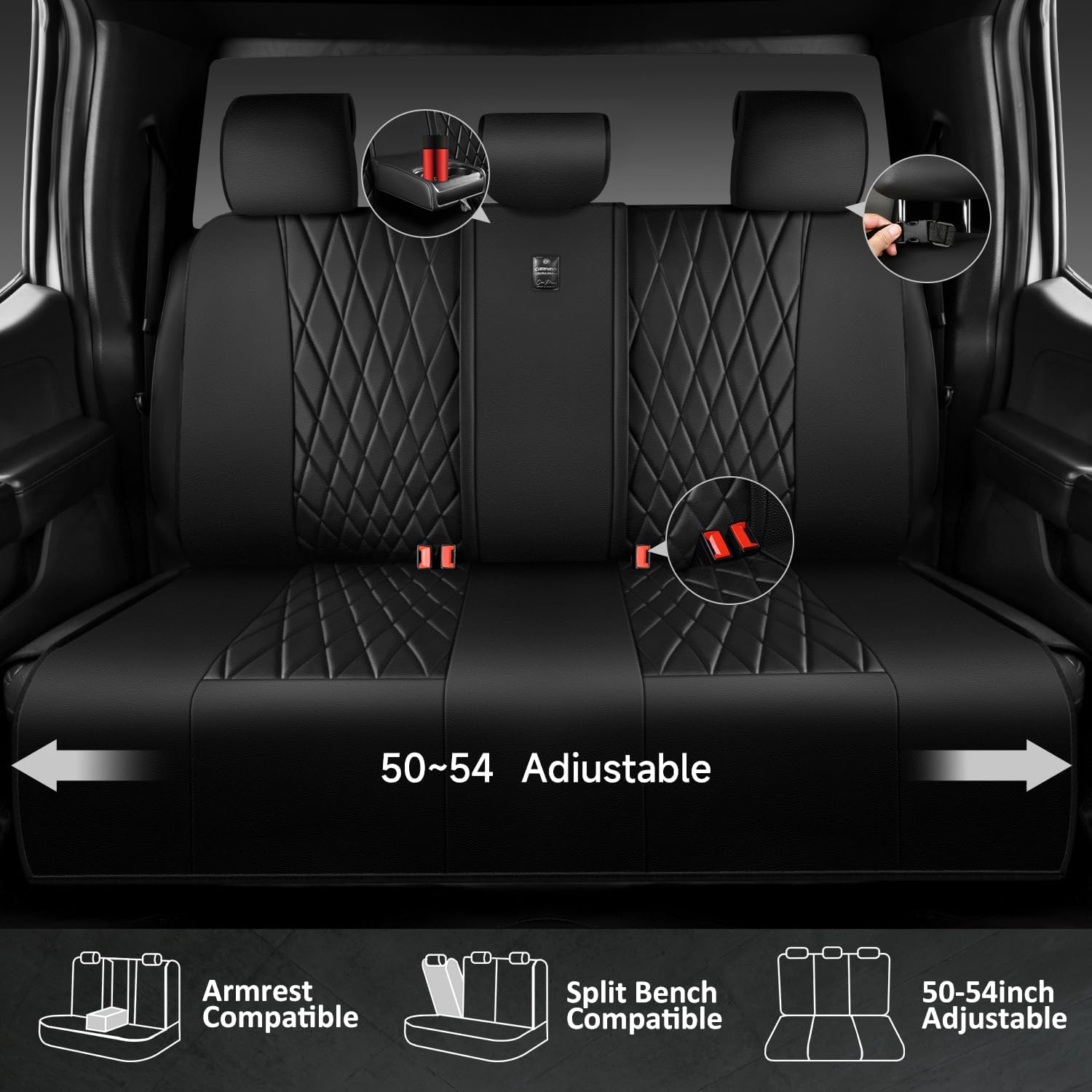 CAR PASS 5 Seats Piping Luxury Faux Leather Seat Covers Full Set, Anti-Slip Waterproof Seat Covers Compatible with Front Armrests, Universal Fit for Suvs,Vans,Trucks,Airbag Compatible, Pure Black