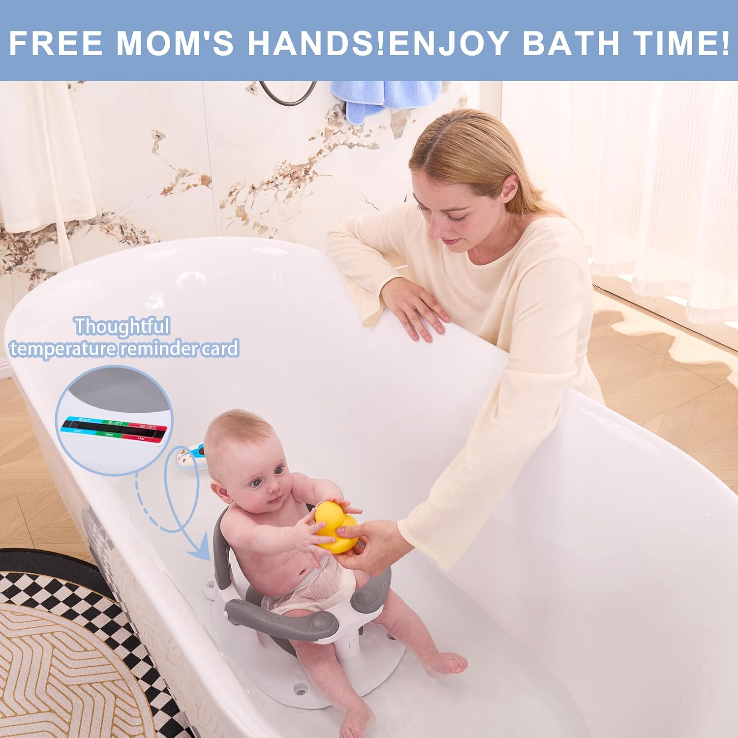 Baby Bath seat for Babies 6 Months & up, 360° Stable Toddler Bath Chair with one-Touch Button, Back Hollow Design, Water Temperature Card & 4 Suction Cups for Safety (Gray)