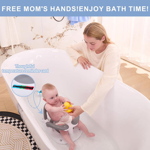 Baby Bath seat for Babies 6 Months & up, 360° Stable Toddler Bath Chair with one-Touch Button, Back Hollow Design, Water Temperature Card & 4 Suction Cups for Safety (Gray)