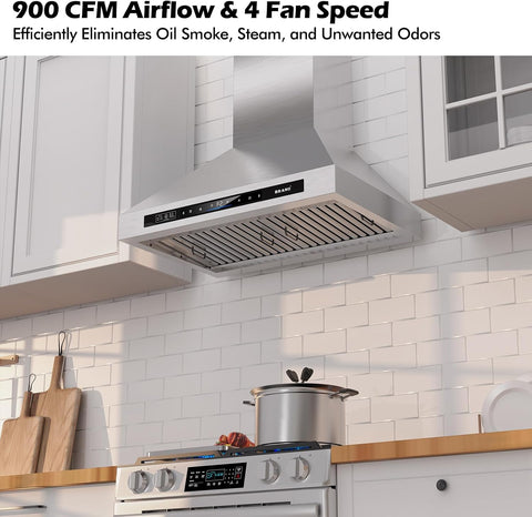 BRANO 30-Inch Wall Mount Range Hood, 900 CFM, Voice and Gesture Control