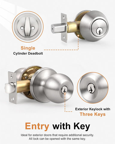 Probrico 6 Pack Exterior Door Knob and Single Cylinder Deadbolt Lock Combo Set, Brushed Nickel Front Door Handle with Lock and Key, Keyed Alike