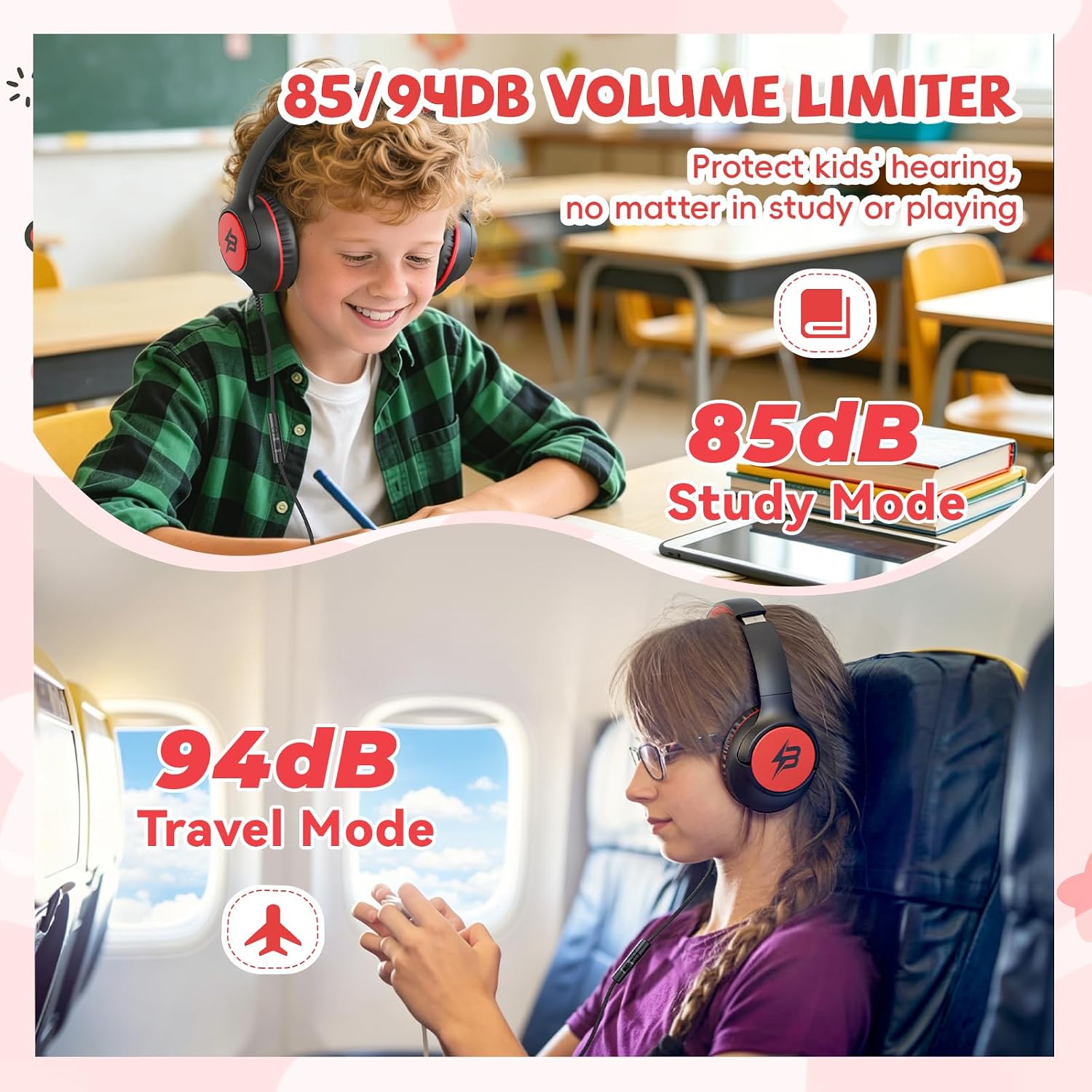 USB C Headphones Wired for Kids, 85/94dB Volume Limit With Mic, Black Red
