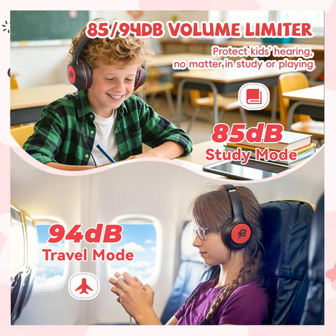 USB C Headphones Wired for Kids, 85/94dB Volume Limit With Mic, Black Red