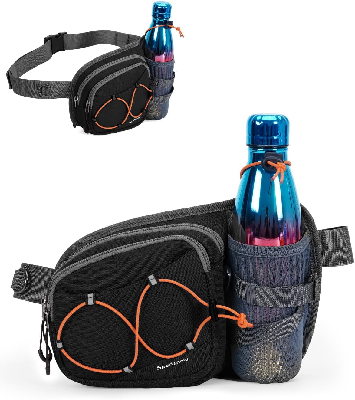 sportsnew Hydration Waist Pack with Water Bottle Holder, 2L Large Fanny Pack for Running Hiking Dog Walking, Water-Resistant Crossbody Waist Bag for Men Women
