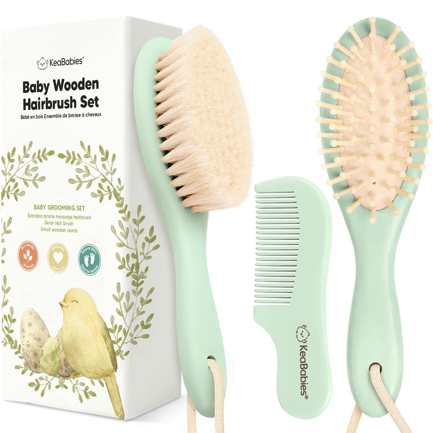 Wooden Baby Hair Brush Set for Newborns, Toddler Comb (Sage, Regular)