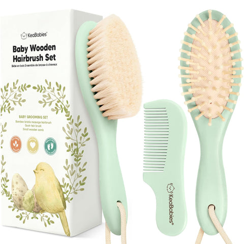 Wooden Baby Hair Brush Set for Newborns, Toddler Comb (Sage, Regular)