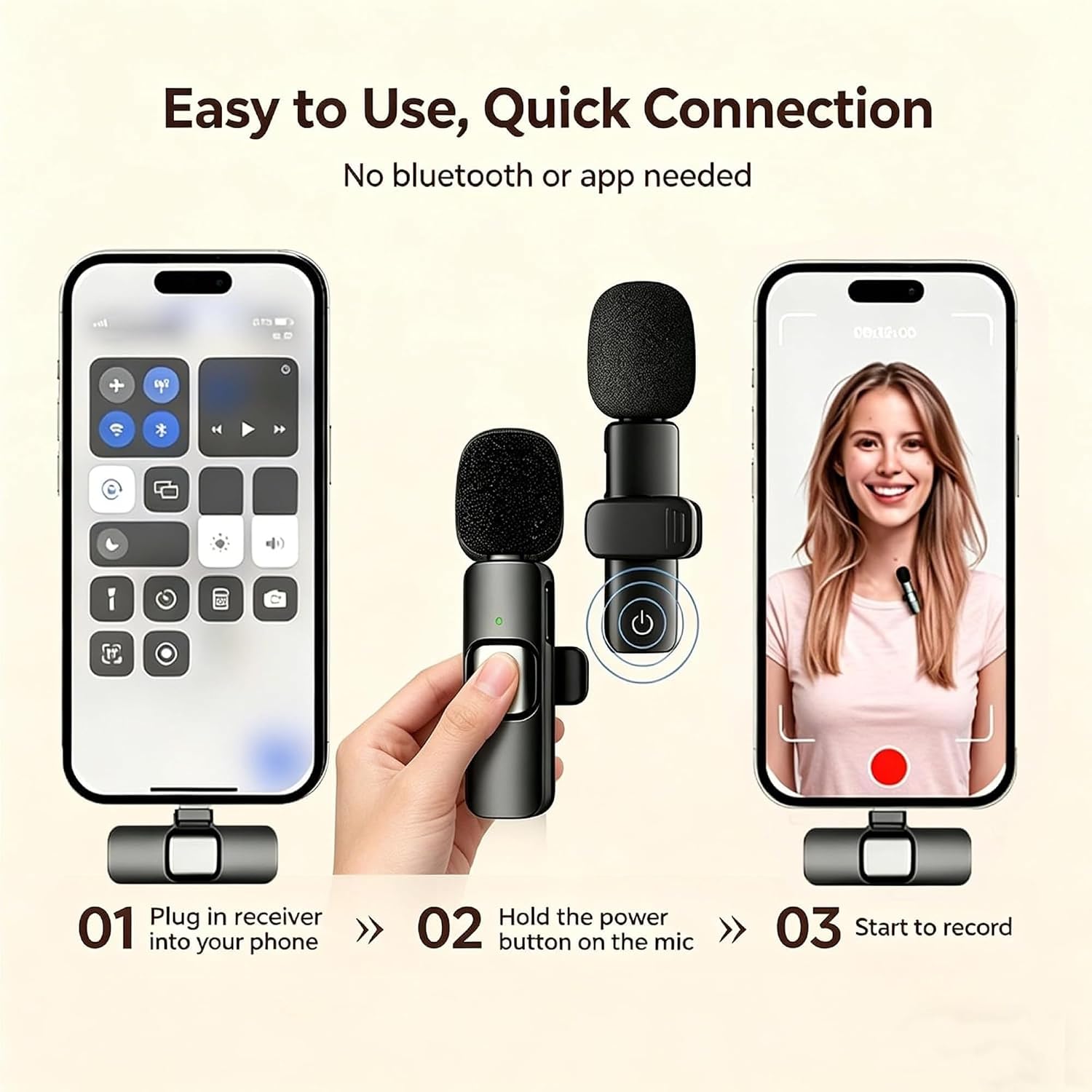 Wireless Lavalier Microphone for iPhone Android, 2Pcs Mini Mic, Plug & Play