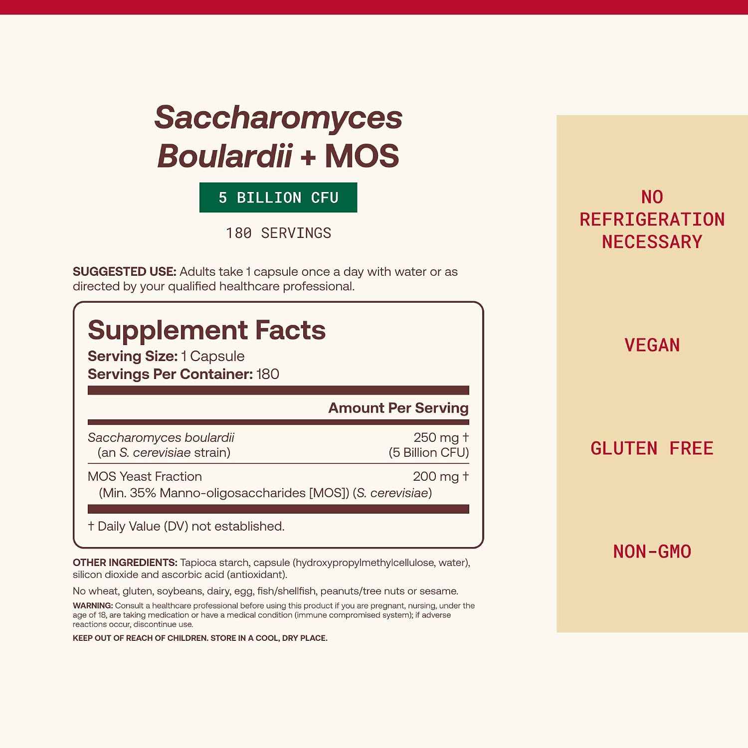 Jarrow Saccharomyces Boulardii + MOS Probiotics, 180 Capsules | Intestinal Tract Support, 5 Billion CFU Per Serving, 180 Delayed-Release Capsules, Probiotic + Prebiotic