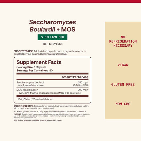 Jarrow Saccharomyces Boulardii + MOS Probiotics, 180 Capsules | Intestinal Tract Support, 5 Billion CFU Per Serving, 180 Delayed-Release Capsules, Probiotic + Prebiotic