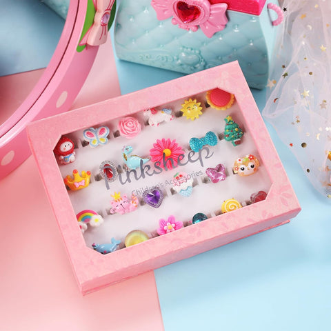 PinkSheep Little Girl Jewel Rings in Box,24 Lovely Girls Rings