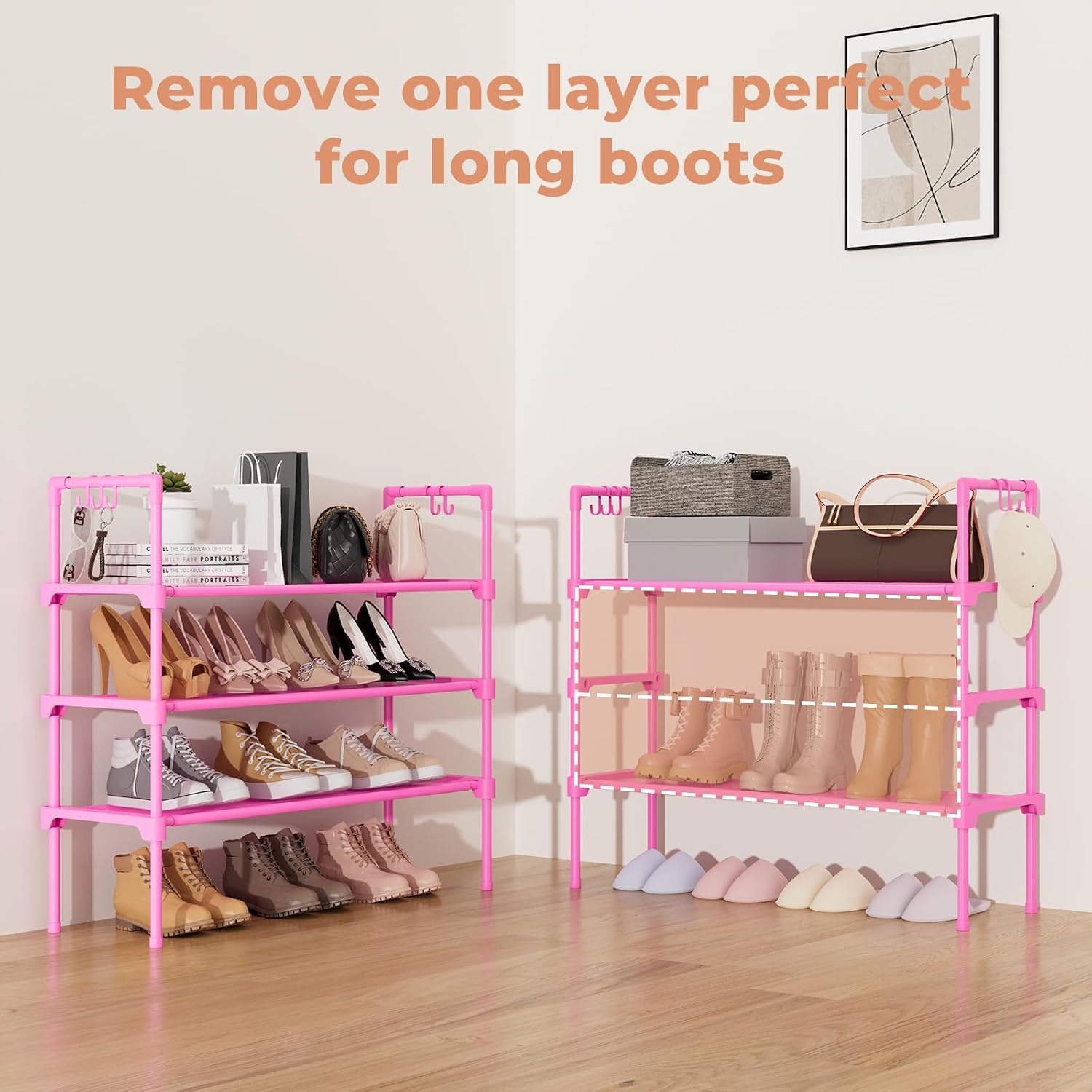 LANTEFUL 3 Tier Shoe Rack for Closet, Shoe Organizer with 5 Hooks, Long Shoe Shelf Storage for Shoe and Boot Stackable Free Standing Shoe Rack for Entryway, Garage, Small Spaces, Dorm, Pink