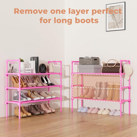 LANTEFUL 3 Tier Shoe Rack for Closet, Shoe Organizer with 5 Hooks, Long Shoe Shelf Storage for Shoe and Boot Stackable Free Standing Shoe Rack for Entryway, Garage, Small Spaces, Dorm, Pink