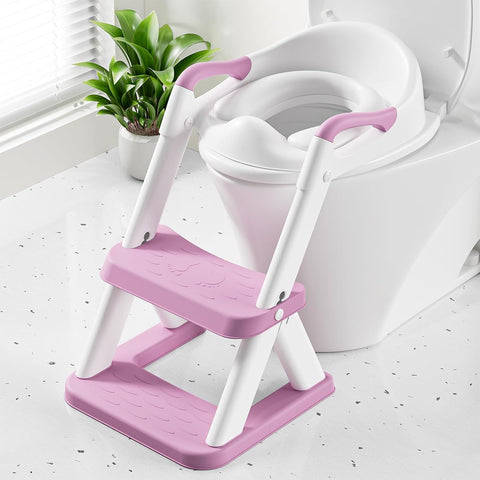 Potty Training Toilet Seat with Steps, 2-in-1 Toddler Toilet Seat for Boys Girls with Splash Guard Soft Anti-Slip Pad,Bright Purple