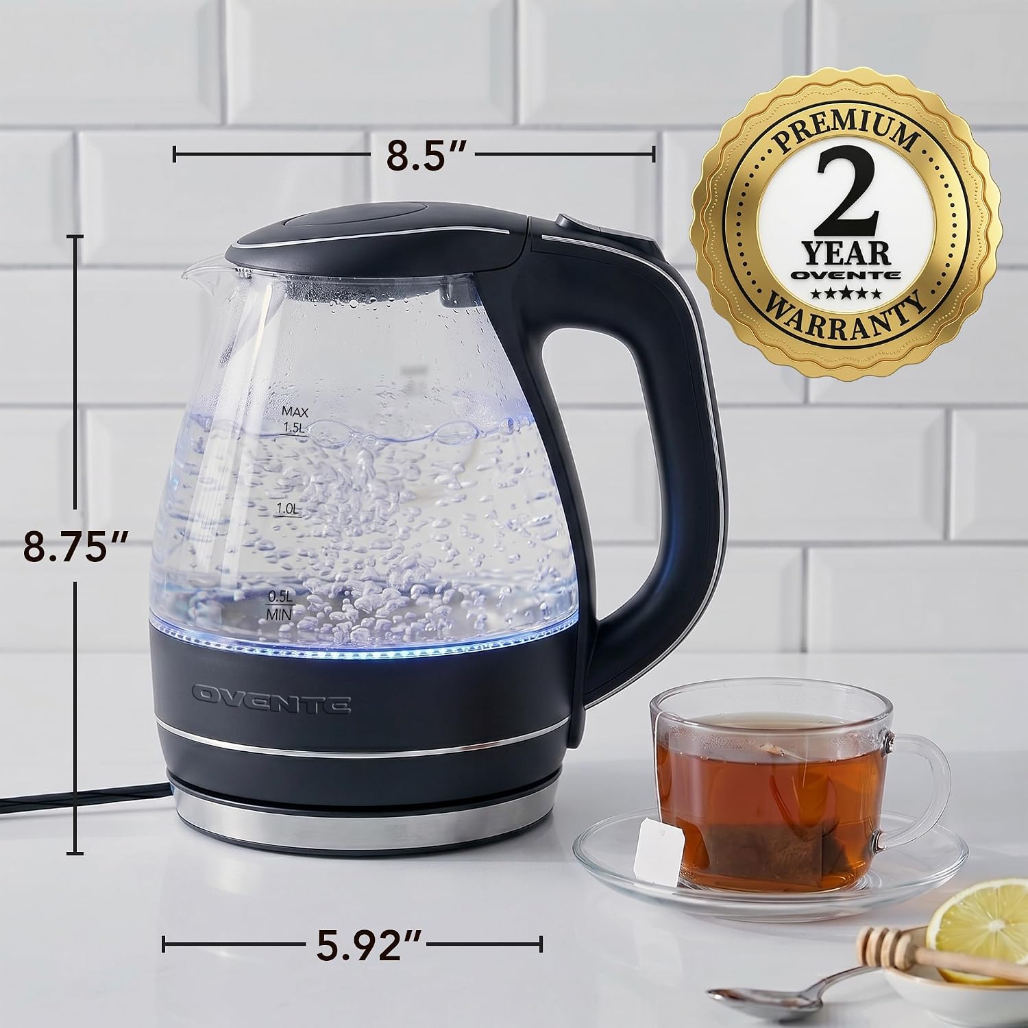 OVENTE 1.5L Glass Electric Kettle Water Boiler, Black KG83B