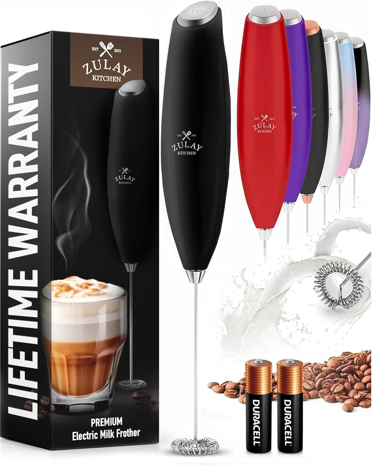 Zulay Kitchen Milk Frother Handheld Electric Whisk – Frother Wand, Durable Drink Mixer, Coffee Frother, Hand Blender, Frother for Protein Powder, Matcha & More - Black