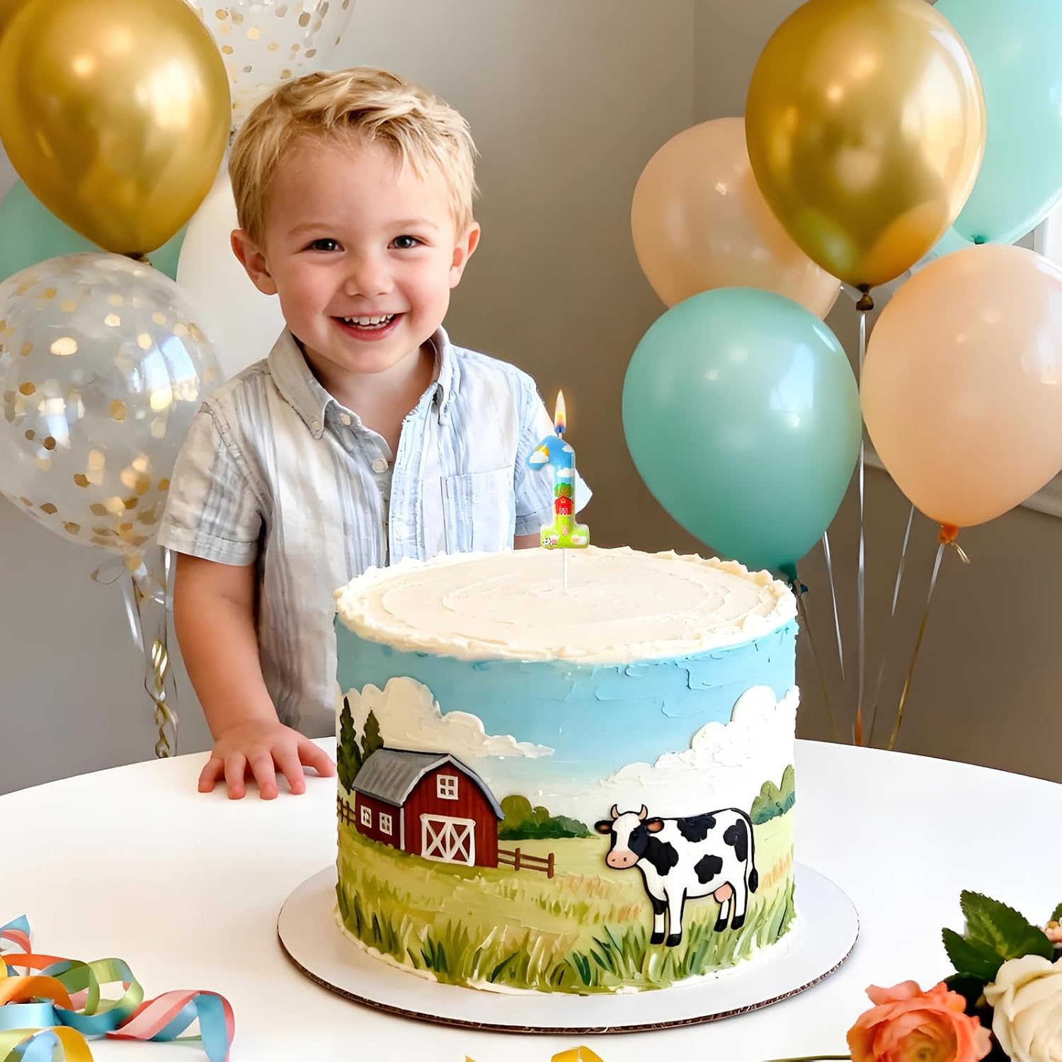Farm Theme Number 1 Birthday Candle, Barnyard Cake Topper for Boys Girls, Farm Party Cake Decoration