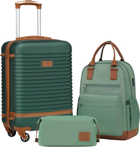 Coolife Luggage Set Carry On Suitcase,3 piece, Dark Green(BP/TB/20)
