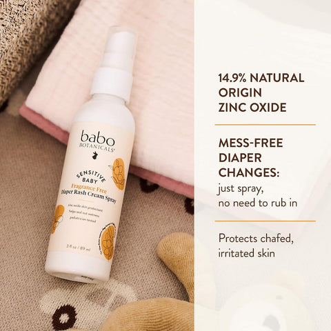 Babo Botanicals Sensitive Baby Fragrance-Free Diaper Rash Cream Spray - No touch, mess-free application - 14.9% Zinc Oxide - Shea Butter, Olive Oil & Aloe Vera - For Babies – 3fl.oz.