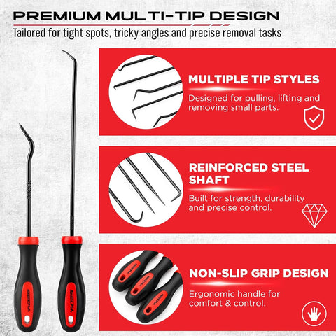 14PCS Pick and Hook Tool Set, Long and Mini Precision Pick Tools with Non-Slip Handles for O-Ring, Seal, Gasket and Hose Removal, Automotive Hook and Pick Set for Car Repair and Mechanical Maintenance