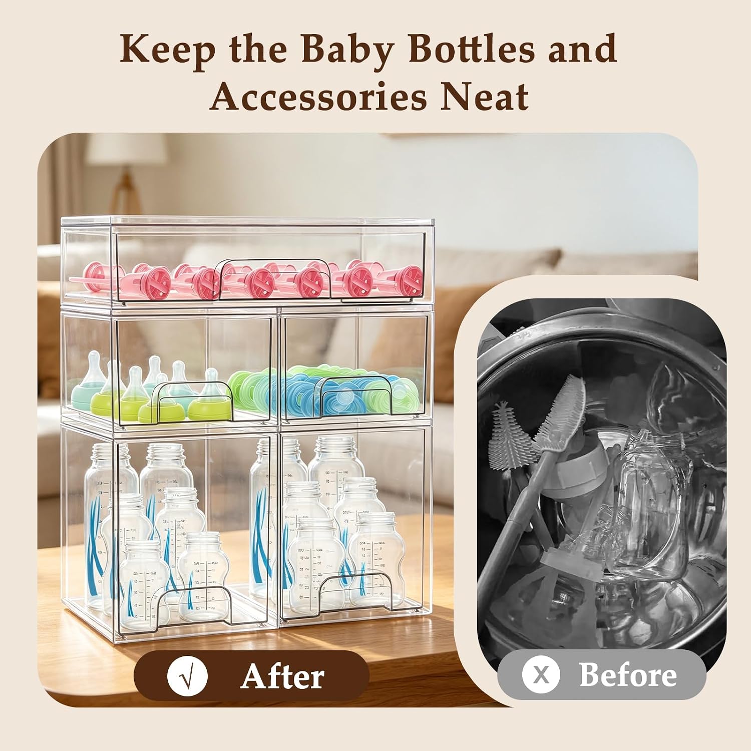 Baby Bottle Organizer 5 Pack Baby Bottle Storage Organizer Clear Bottles Station Acrylic Stackable Container Drawers Bins for Pacifiers,Nipples,Pump Parts for Countertop,Cabinet,Bathroom,Vanity