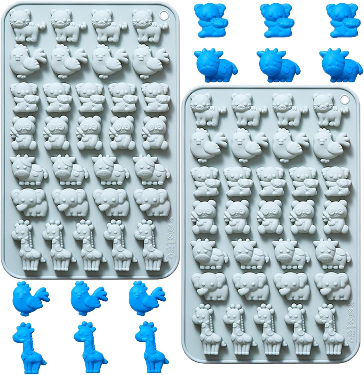 Silicone Mini Animal Molds with Tiger Chiken Panda Koala Cow Elephant Giraffe, Set of 2, Cow Shaped Baking Tray for Chocolate, Candy, Gummy, Ice cube, Cake Decoration