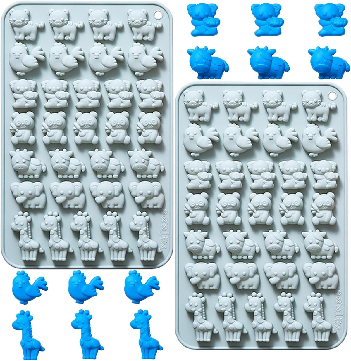 Silicone Mini Animal Molds with Tiger Chiken Panda Koala Cow Elephant Giraffe, Set of 2, Cow Shaped Baking Tray for Chocolate, Candy, Gummy, Ice cube, Cake Decoration