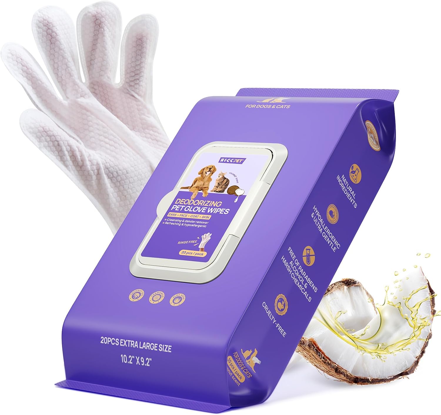 HICC PET Dog Wipes for Dogs & Cats, Glove Design, 20 Count