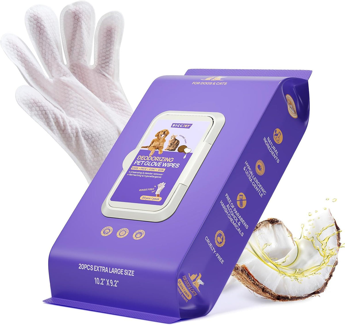HICC PET Dog Wipes for Dogs & Cats, Glove Design, 20 Count