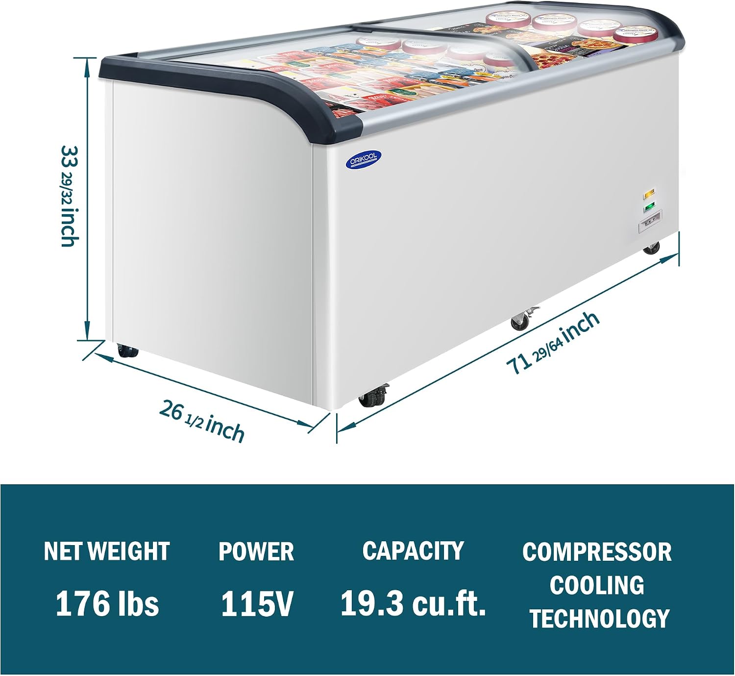 Commercial Ice cream Display Freezer: 19.3 Cu.FT Chest Freezer with Curved Glass Top, -9.4℉ to 5℉, LED Light, Large Capacity for Convenience Store, Supermarket, Restaurant