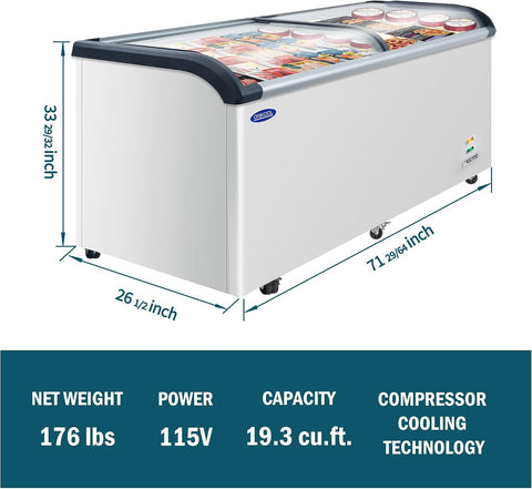Commercial Ice cream Display Freezer: 19.3 Cu.FT Chest Freezer with Curved Glass Top, -9.4℉ to 5℉, LED Light, Large Capacity for Convenience Store, Supermarket, Restaurant