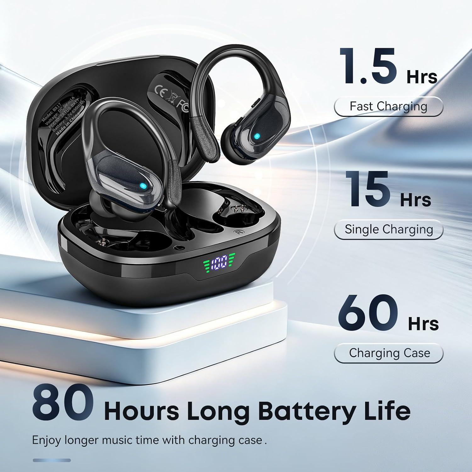 HAOYUYAN Wireless Earbuds, Sports Bluetooth Headphones, 80Hrs Playtime Ear Buds with LED Power Display, Noise Canceling Headset, IPX7 Waterproof Earphones for Workout/Running