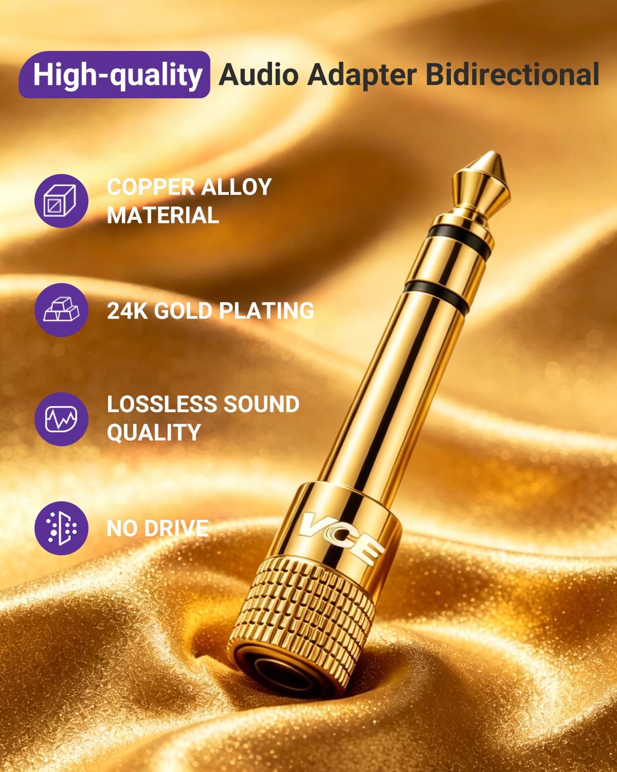 VCE 3.5mm to 1/4 Adapter Stereo Headphone Adapter, 24K Gold-Plated, 2-Pack