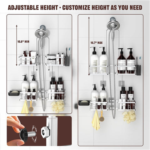 REINHARDT Adjustable Shower Caddy Hanging for Handheld Showerheads, Silver