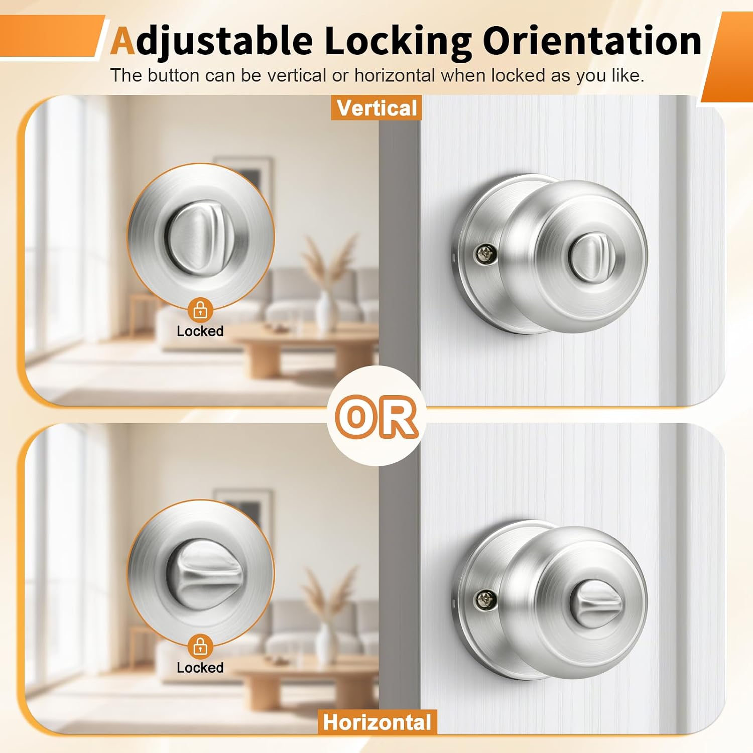 Probrico Brushed Nickel Interior Door Knobs, Privacy Door Knob for Bathroom Bedroom, Stainless Steel Door Knob with Lock for Interior Door, 8 Pack