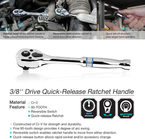 DURATECH 3/8-Inch Drive Ratchet, 90-Tooth Quick-Release Ratchet Wrench