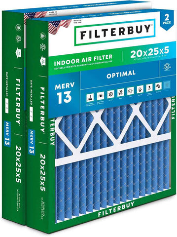 Filterbuy 20x25x5 Air Filter MERV 13 Smoke & Allergy Defense (2-Pack)