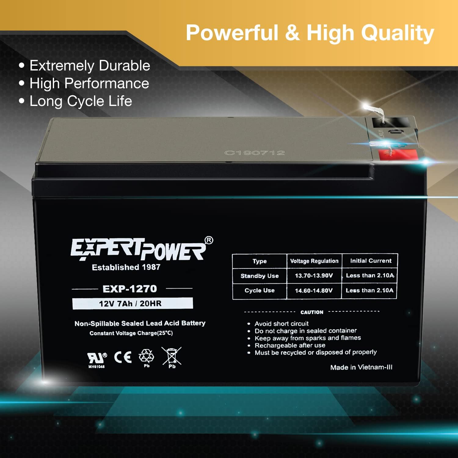 ExpertPower EXP1270, 12V 7Ah Battery SLA Rechargeable with F1 Terminals