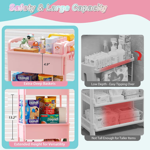 SUNALLY Baby Diaper Caddy Cart, 3 Tier Rolling Diaper Cart for Nursery,Pink
