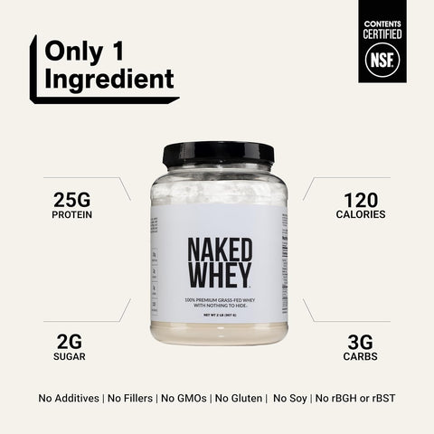 NAKED Whey 2LB 100% Grass Fed Whey Protein Powder - Only 1 Ingredient, Unflavored Whey Protein, NSF Certified, Undenatured, Gluten Free, Soy Free, No GMOs, No Preservatives