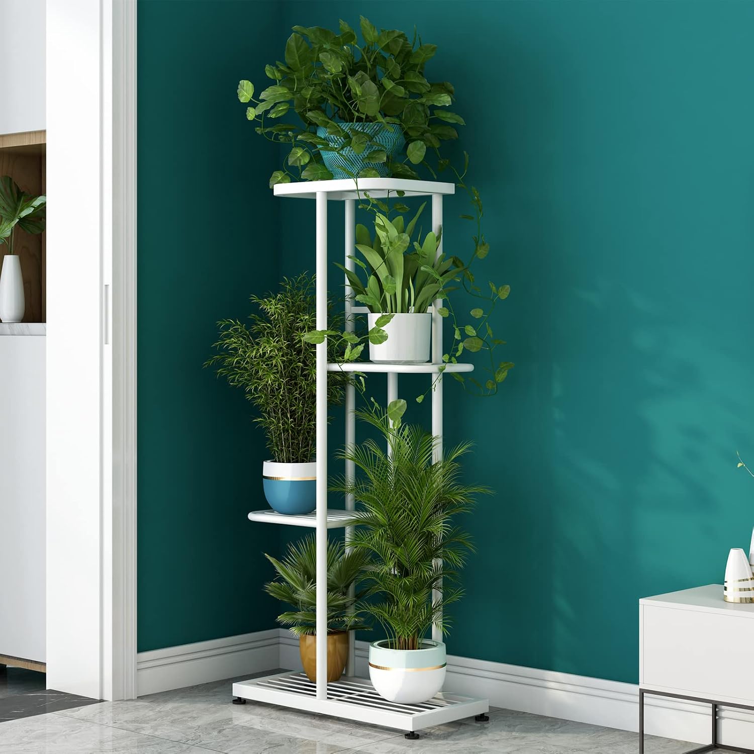 LINZINAR 4 Tier Plant Stand Indoor Outdoor Metal Corner Display Shelf
