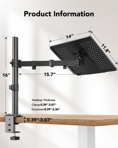 HUANUO Laptop Desk Mount, Laptop Mount for 17-inch Notebooks or 15”-32” Monitors, Laptop Arm with Ventilated Tray, Fully Adjustable Arm with Tilt, Swivel & Rotation, Holds up to 22 lbs