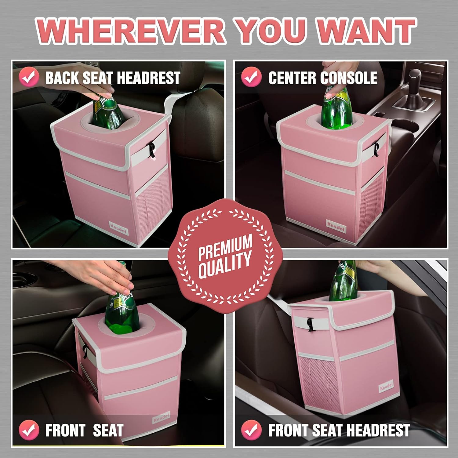 K KNODEL Car Trash Can with Lid, Car Garbage, Bin and Bag (Pink, Large)
