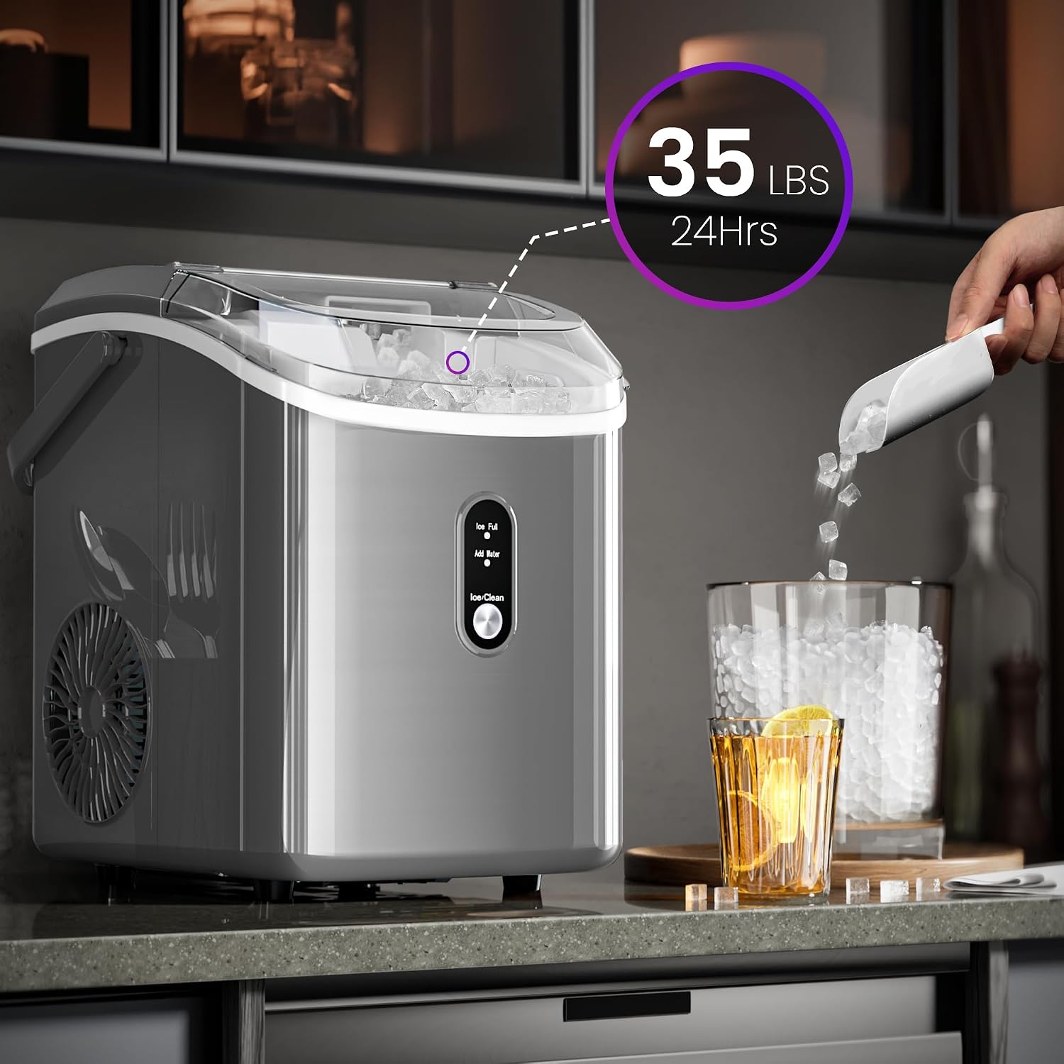 Kismile Nugget Ice Makers Countertop,35Lbs/24H,Self-Cleaning,Grey