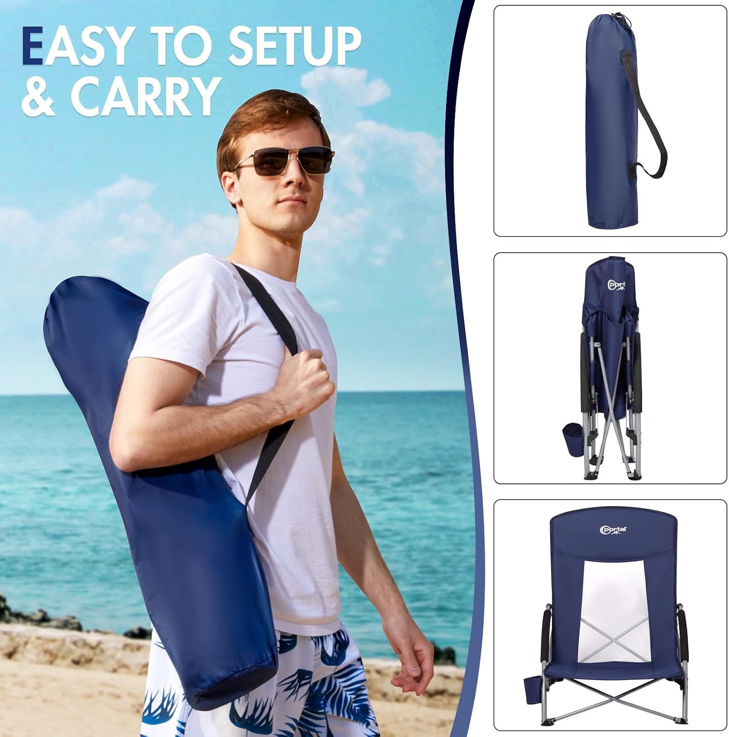 Portal Beach Chairs for Adults Camping Low Lightweight Portable Chair with Cup Holder Mesh Back Carry Bag for Outdoor Sand Lawn Travel Picnic Festival Concert