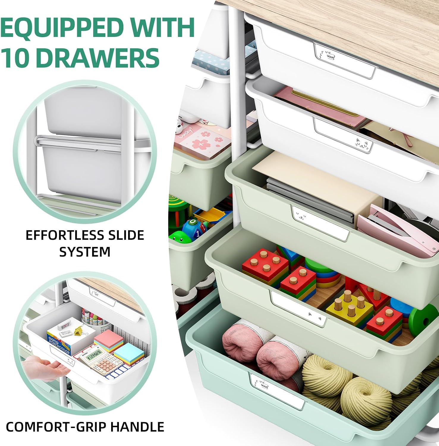 10 Drawer Rolling Storage Cart with Wood Top for Classroom Crafts Green