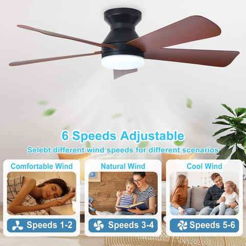 Depuley Modern Ceiling Fan with Light: 42-Inch Black Small Fans for Bedroom Indoor Outdoor - Dimmable Low Profile Ceiling Fans with Remote Control Flush Mount 5 Reversible Walnut Blades 6 Speeds Timer