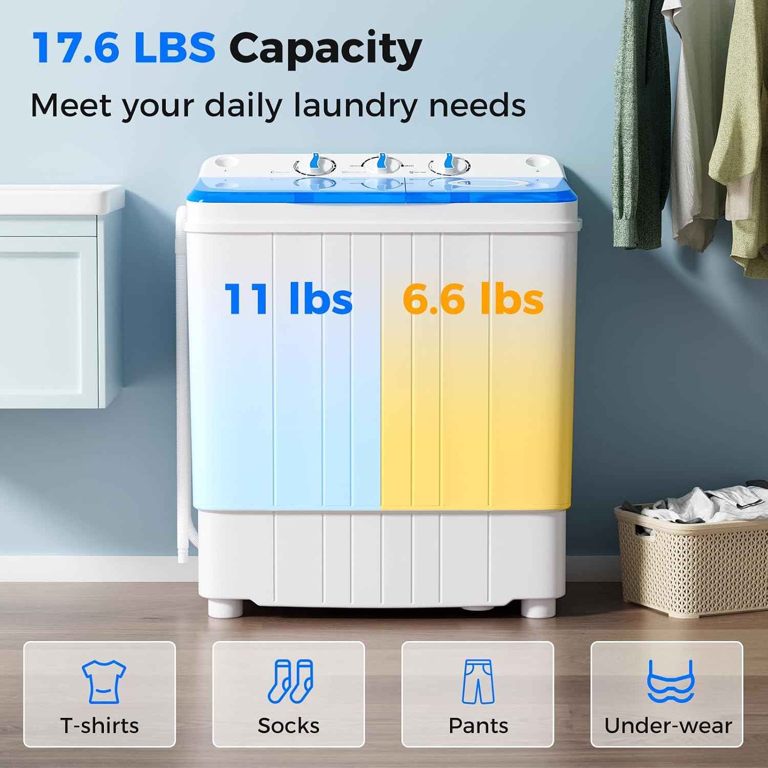 Giantex Portable Washing Machine, 17.6lbs Compact Washer Spinner Combo with Pump Drain, Twin Tub 11lbs Wash & 6.6lbs Spin, Lavadoras Portatiles for Apartment RV Dorm College (White & Blue)