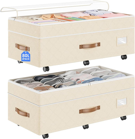 Budding Joy 80L 2 Pack Adjustable Under Bed Storage with Wheels, Beige