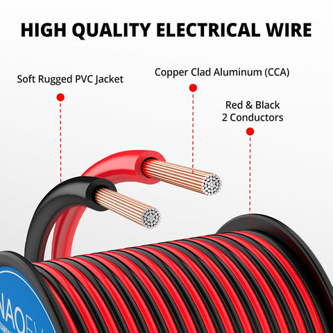 NAOEVO 20 Gauge Wire 2 Conductors, CCA Red Black Electrical Wire, 100FT
