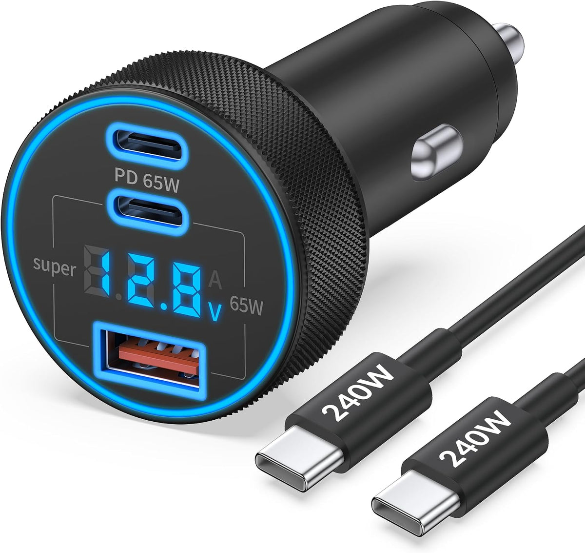 130W 3-Port USB C Super Fast Car Charger (with Voltage Display) for Samsung